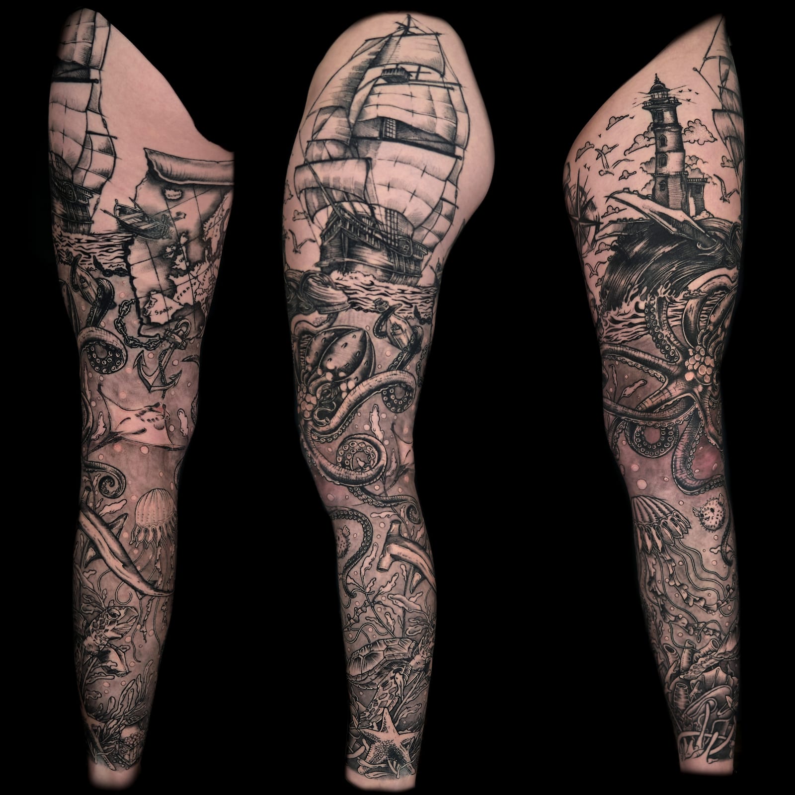 Black and grey sea-themed leg sleeve tattoo shown from three angles, with a sailing ship, lighthouse, octopus and marine life.