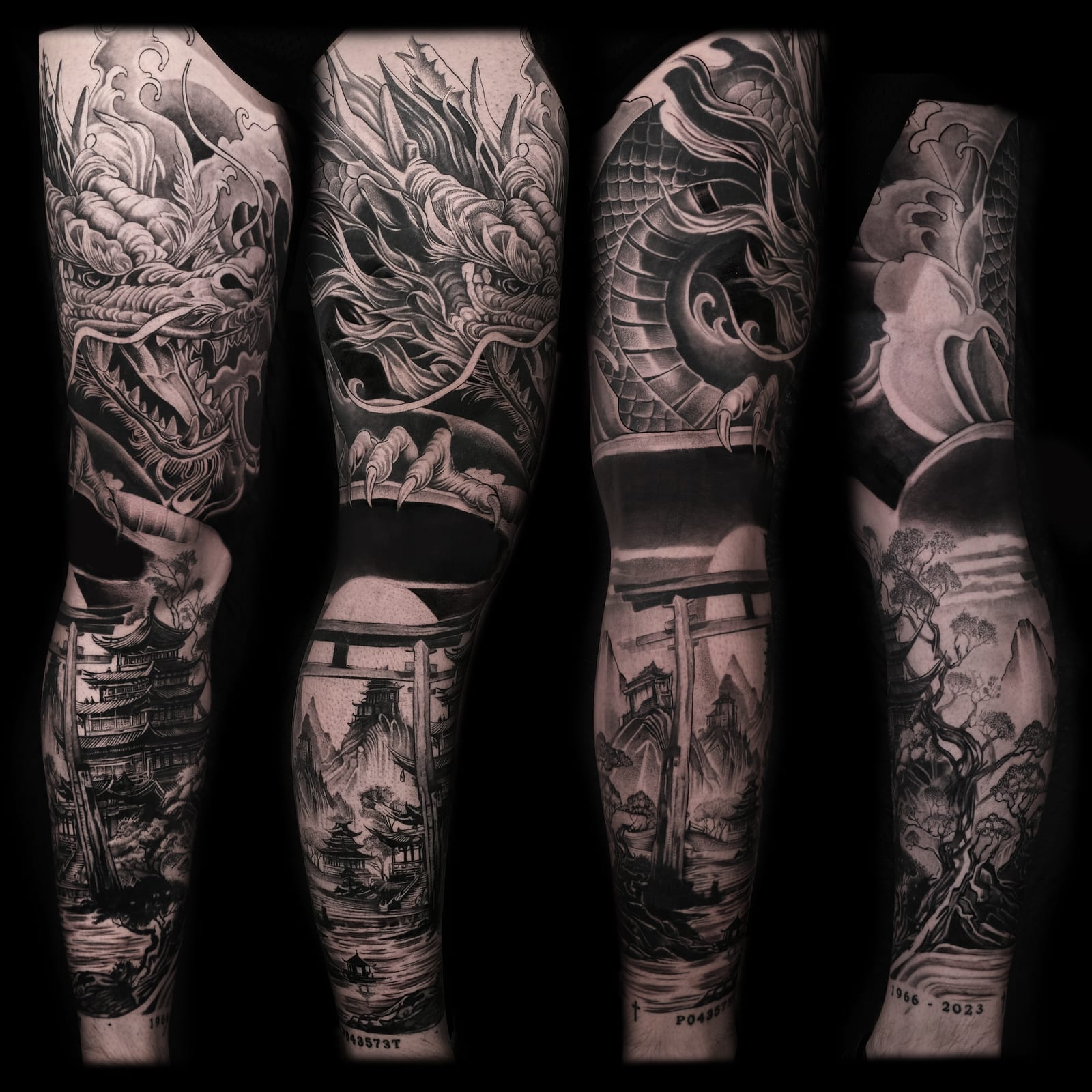 Black and grey Japanese leg sleeve tattoo shown from four angles, with a dragon and mountain temple landscape.